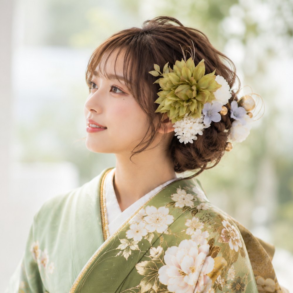 抹茶カラー×桜の髪飾り No.MS37の髪飾り