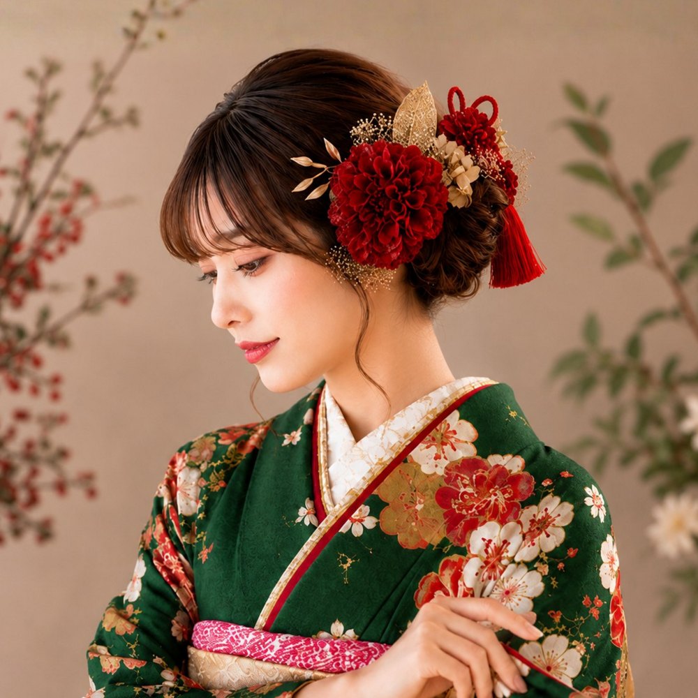 深紅のダリアとゴールド系フラワー No.L01の髪飾り