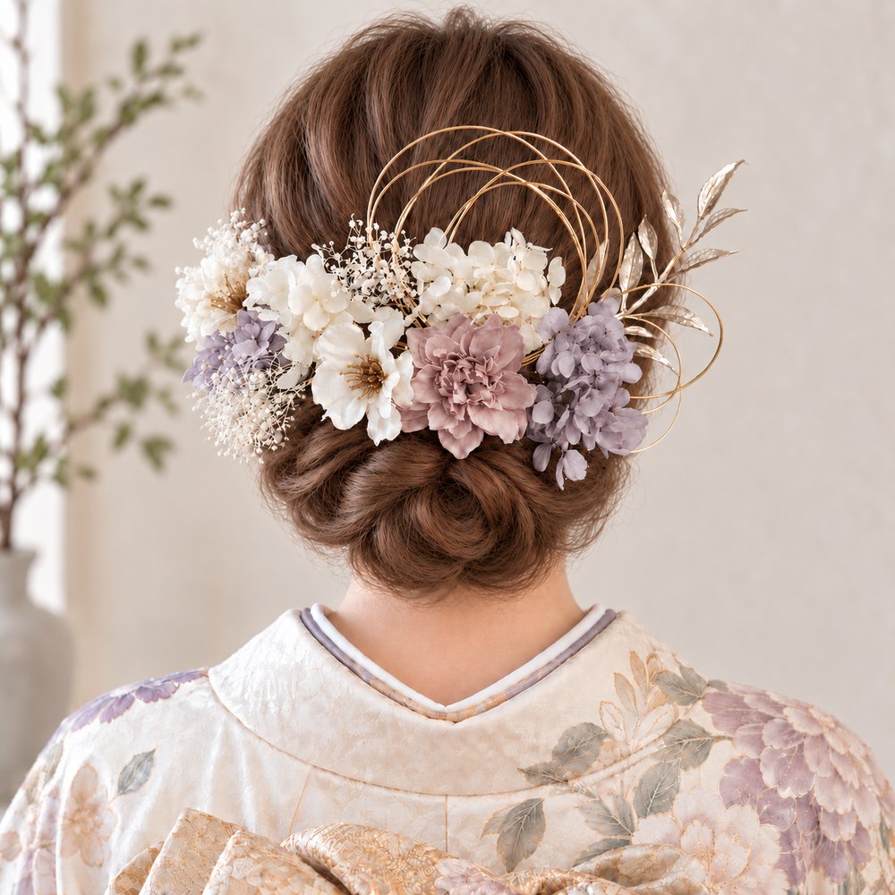 薄紫×白の林檎の花の髪かざりの髪飾り