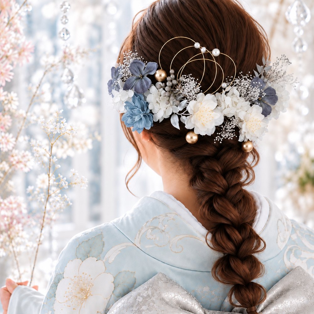 くすみブルー×桃の花 No.B001の髪飾り