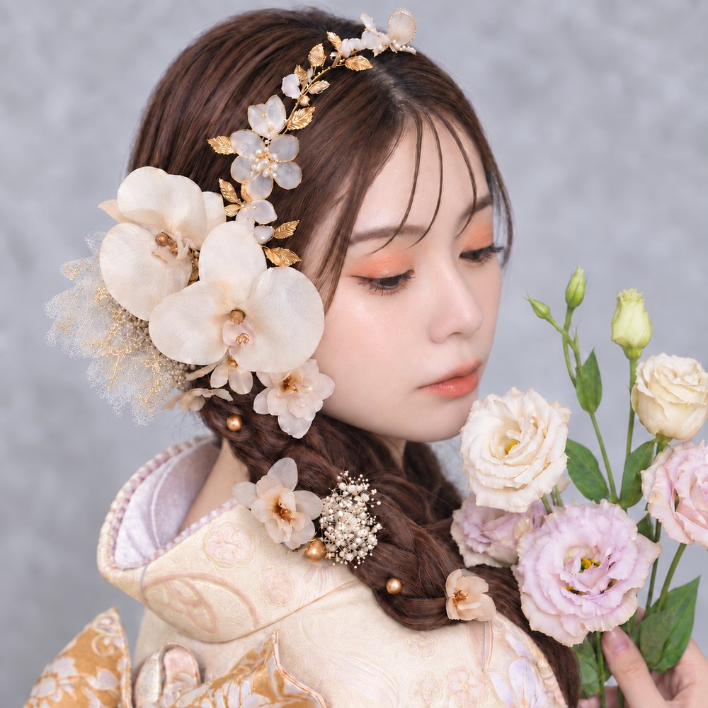 成人式 胡蝶蘭×小枝カチューシャセット No.TC29の髪飾り