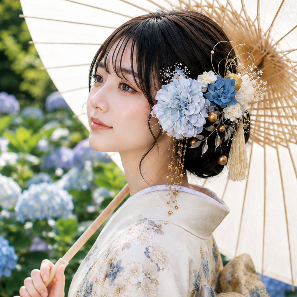 くすみブルーグリーンと枝垂れパールの髪飾り No.BGの髪飾り