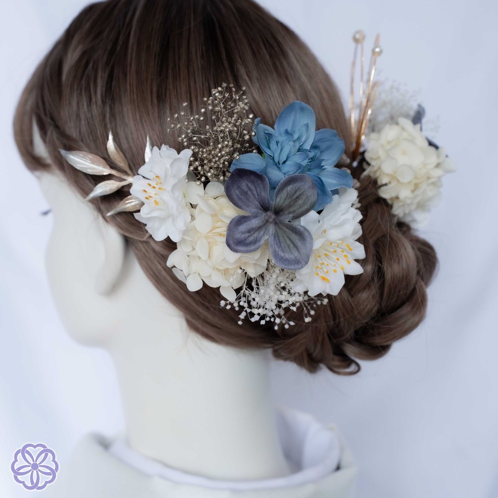 青紫陽花と桃の花 No.LM05の髪飾り