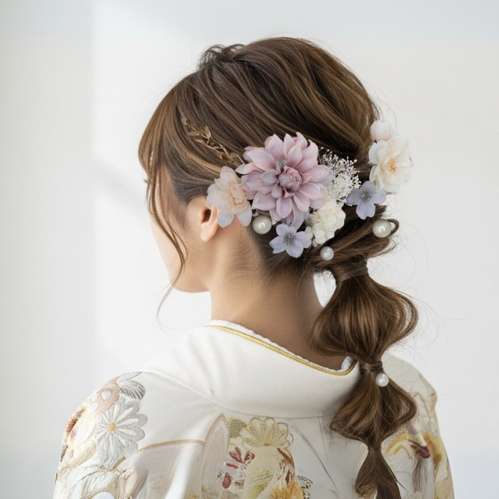 くすみピンクのダリアと桜の髪飾り No.SG57の髪飾り