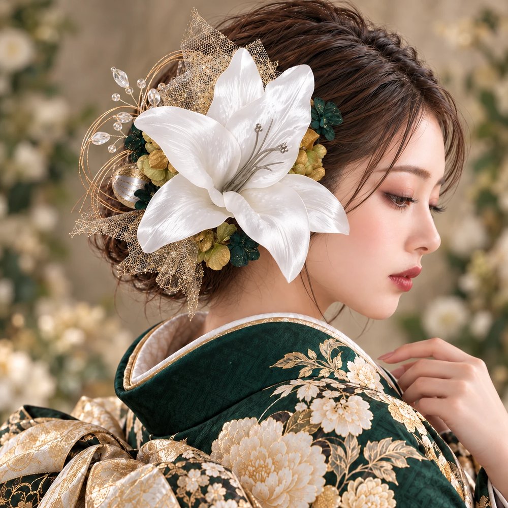 深緑が煌めく白銀の百合 No.DG47の髪飾り