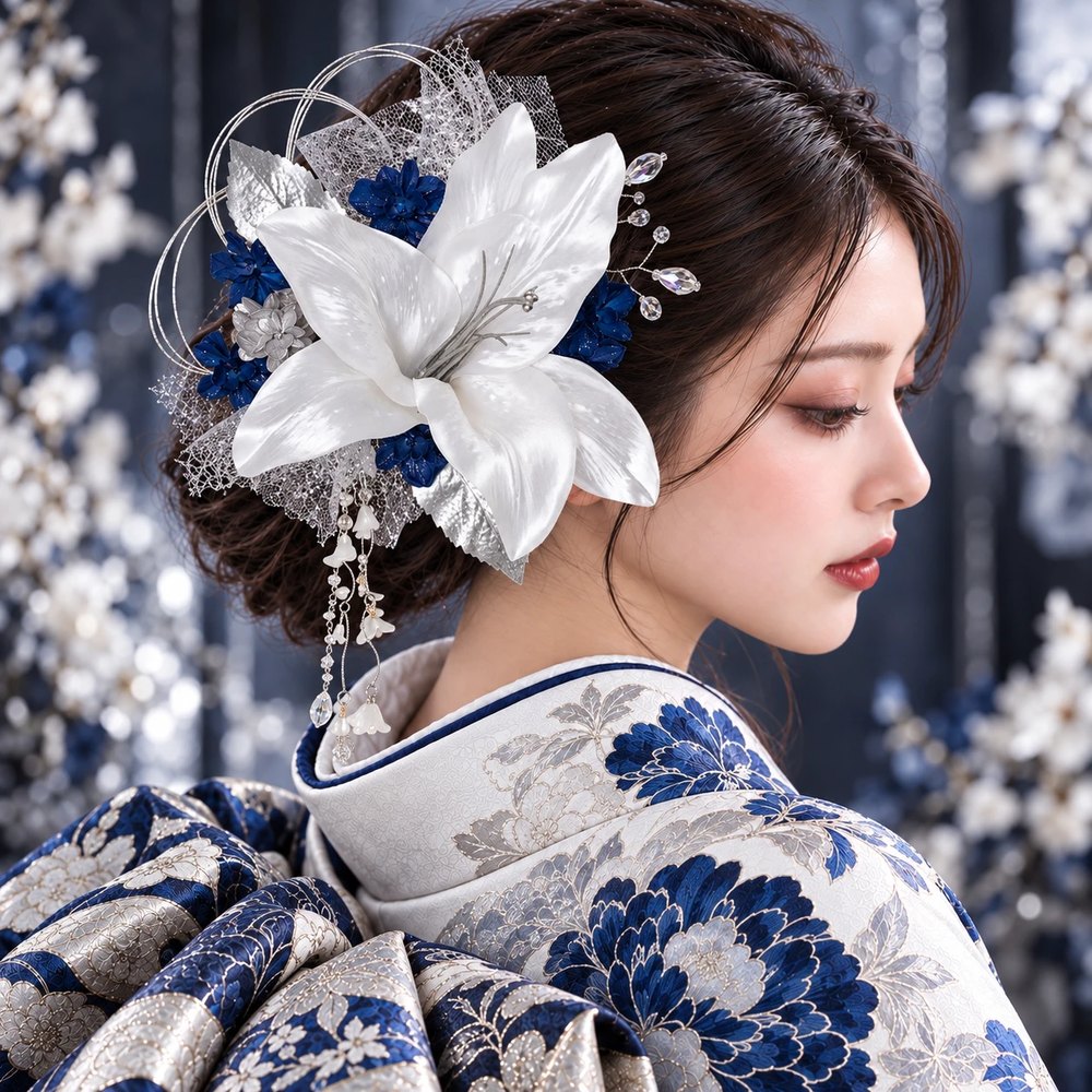 白銀のユリと紺碧の花雫 No.SN63の髪飾り